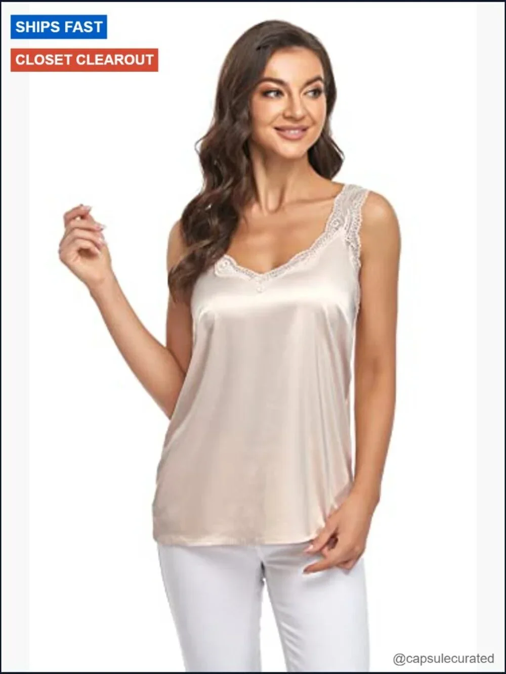 Satin Silk Camisole Lace Straps V-Neck Tank Top